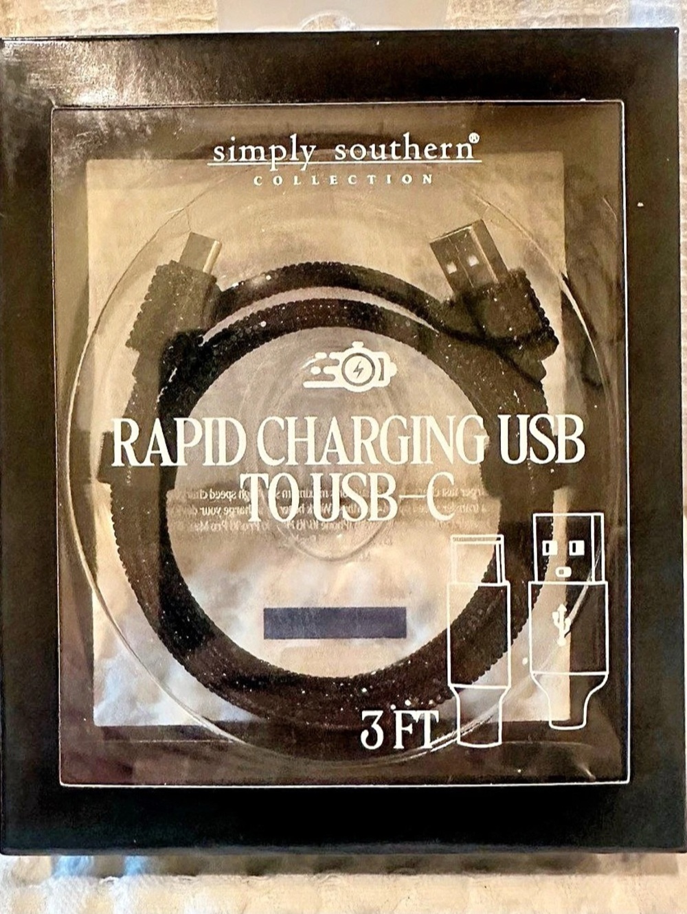 Simply Southern Rapid Charging USB to USB-C Cable 3FT Black Sparkle New in Box